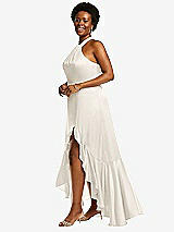Side View Thumbnail - Ivory Tie-Neck Halter Maxi Dress with Asymmetric Cascade Ruffle Skirt