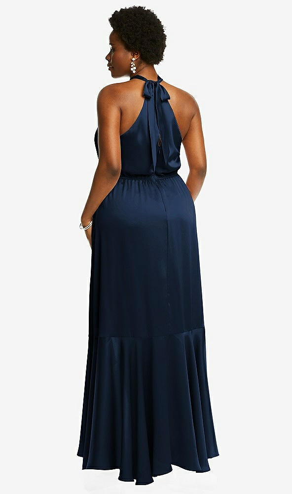 Back View - Midnight Navy Tie-Neck Halter Maxi Dress with Asymmetric Cascade Ruffle Skirt