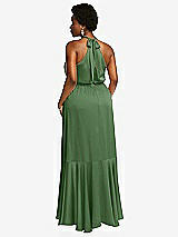 Rear View Thumbnail - Vineyard Green Tie-Neck Halter Maxi Dress with Asymmetric Cascade Ruffle Skirt