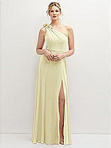 Front View Thumbnail - Butter Yellow Handworked Flower Trimmed One-Shoulder Chiffon Maxi Dress