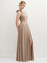 Side View Thumbnail - Topaz Handworked Flower Trimmed One-Shoulder Chiffon Maxi Dress