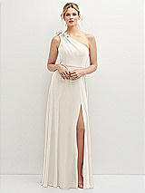 Front View Thumbnail - Ivory Handworked Flower Trimmed One-Shoulder Chiffon Maxi Dress