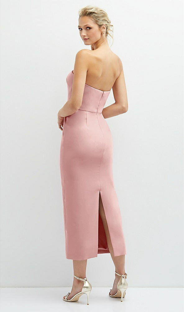 Back View - Rose Rhinestone Bow Trimmed Peek-a-Boo Deep-V Midi Dress with Pencil Skirt