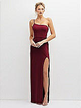 Front View Thumbnail - Burgundy Sleek One-Shoulder Crepe Column Dress with Cut-Away Slit
