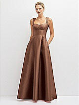 Front View Thumbnail - Cognac Lace-Up Back Bustier Satin Dress with Full Skirt and Pockets