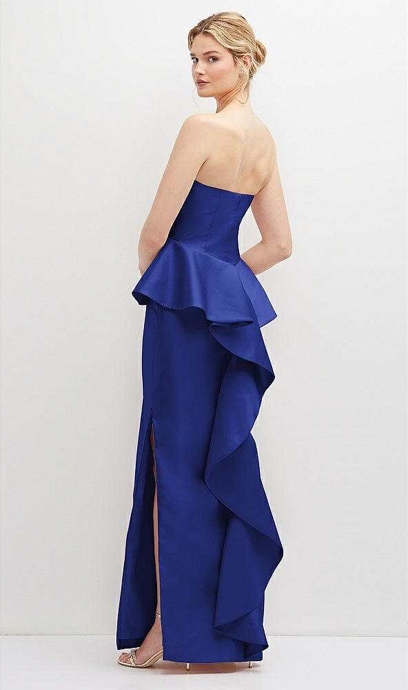 Back View - Cobalt Blue Strapless Satin Maxi Dress with Cascade Ruffle Peplum Detail
