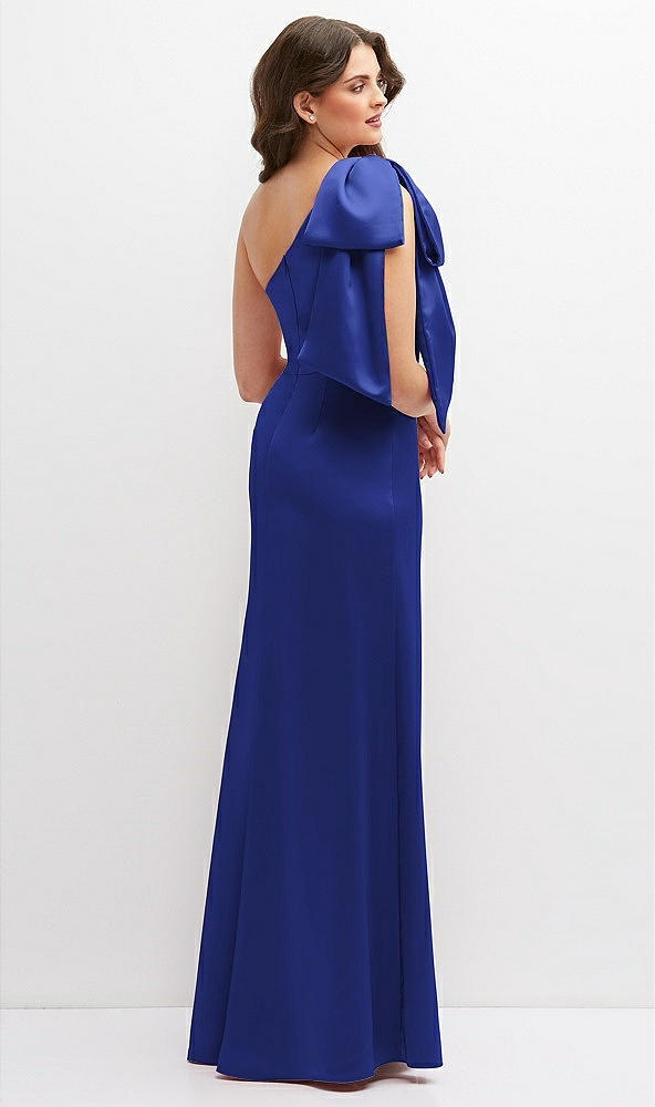 Back View - Cobalt Blue One-Shoulder Satin Maxi Dress with Chic Oversized Shoulder Bow