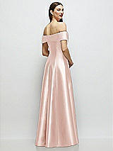 Rear View Thumbnail - Blush Asymmetrical Bow Off-Shoulder Satin Gown with Ballroom Skirt