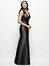 Side View Thumbnail - Black Deep V-back Satin Trumpet Dress with Cascading Bow at One Shoulder