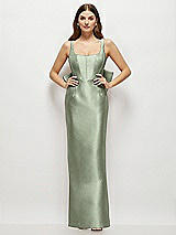 Rear View Thumbnail - Sage Scoop Neck Corset Satin Maxi Dress with Floor-Length Bow Tails