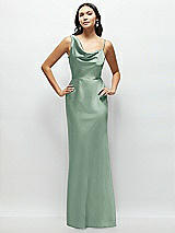 Front View Thumbnail - Seagrass One-Shoulder Draped Cowl A-Line Satin Maxi Dress