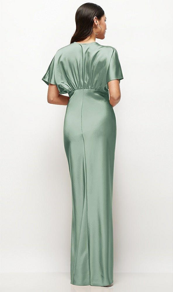 Back View - Seagrass Plunge Neck Kimono Sleeve Satin Bias Maxi Dress