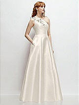 Side View Thumbnail - Ivory One-Shoulder Full A-Line Satin Gown with Handworked Floral Appliqué