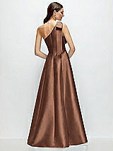 Rear View Thumbnail - Cognac Bow One-Shoulder Full A-Line Satin Maxi Dress