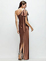 Rear View Thumbnail - Cognac One-Shoulder Bias-Cut Satin Maxi Dress with Cascading Shoulder Bow