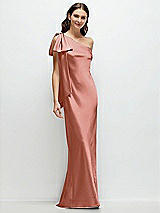 Front View Thumbnail - Desert Rose One-Shoulder Bias-Cut Satin Maxi Dress with Cascading Shoulder Bow