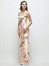 Side View Thumbnail - Butterfly Botanica Pink Sand Floral Strapless Satin Column Dress with Bow-Trimmed Skinny Belt
