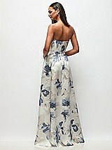 Rear View Thumbnail - Inkwash Blue Floral Strapless Hand-Pleated Bodice Floral Satin Maxi Dress with Full Pleated Skirt