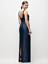 Rear View Thumbnail - Midnight Navy Scoop Neck Satin Column Maxi Dress with Bow at Empire Waist