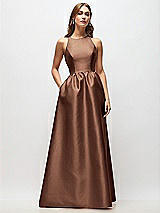 Front View Thumbnail - Cognac Sleeveless Keyhole Back Satin Maxi Dress