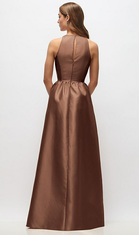 Back View - Cognac Sleeveless Keyhole Back Satin Maxi Dress