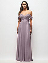 Front View Thumbnail - Lilac Dusk Off-the-Shoulder Draped Chiffon Maxi Dress