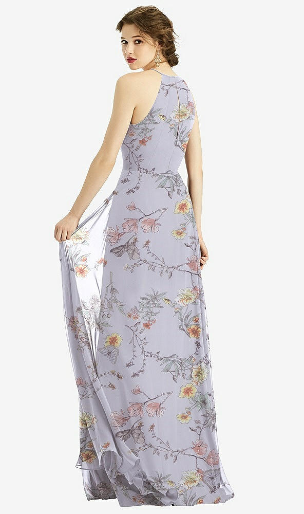 Back View - Butterfly Botanica Silver Dove Keyhole Halter Chiffon Maxi Dress