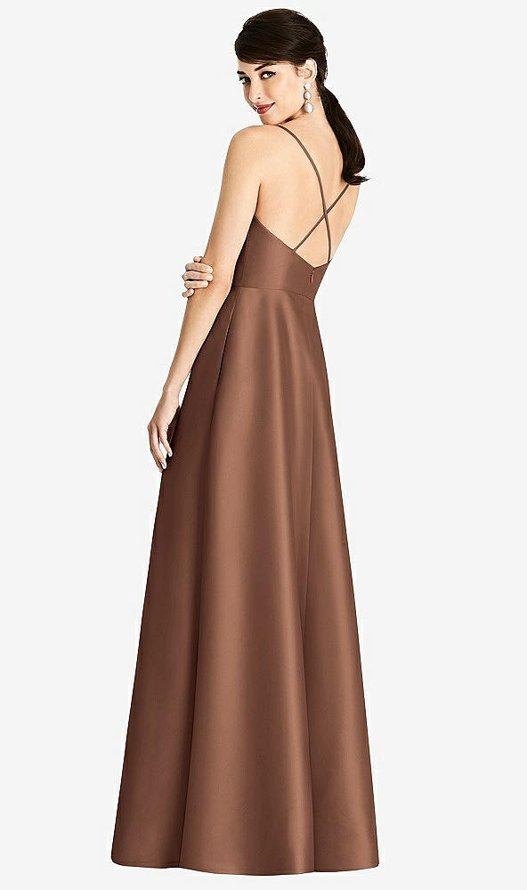Back View - Cognac V-Neck Full Skirt Satin Maxi Dress