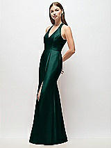 Side View Thumbnail - Evergreen V-Neck Halter Satin Trumpet Gown