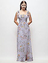 Front View Thumbnail - Butterfly Botanica Silver Dove Tie-Shoulder Chiffon Maxi Dress with Front Slit