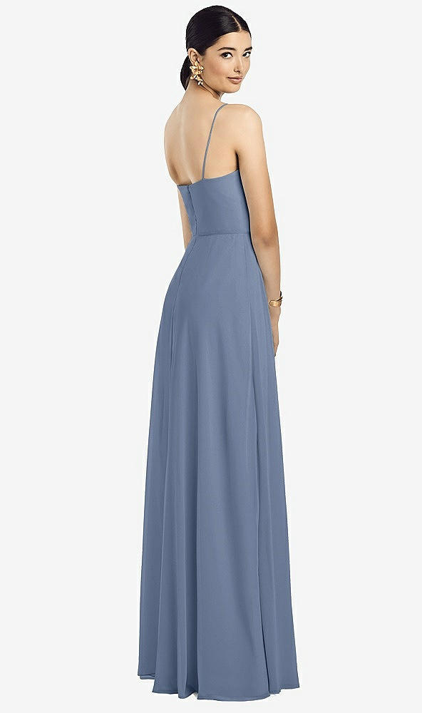 Back View - Larkspur Blue Spaghetti Strap Chiffon Maxi Dress with Jeweled Sash