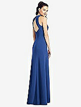Rear View Thumbnail - Classic Blue Open-Back Jewel Neck Trumpet Gown with Front Slit