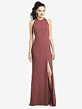 Front View Thumbnail - English Rose Open-Back Jewel Neck Trumpet Gown with Front Slit