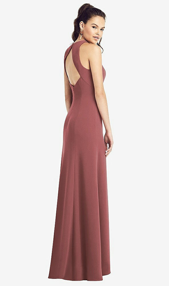 Back View - English Rose Open-Back Jewel Neck Trumpet Gown with Front Slit