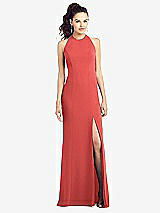 Front View Thumbnail - Perfect Coral Open-Back Jewel Neck Trumpet Gown with Front Slit