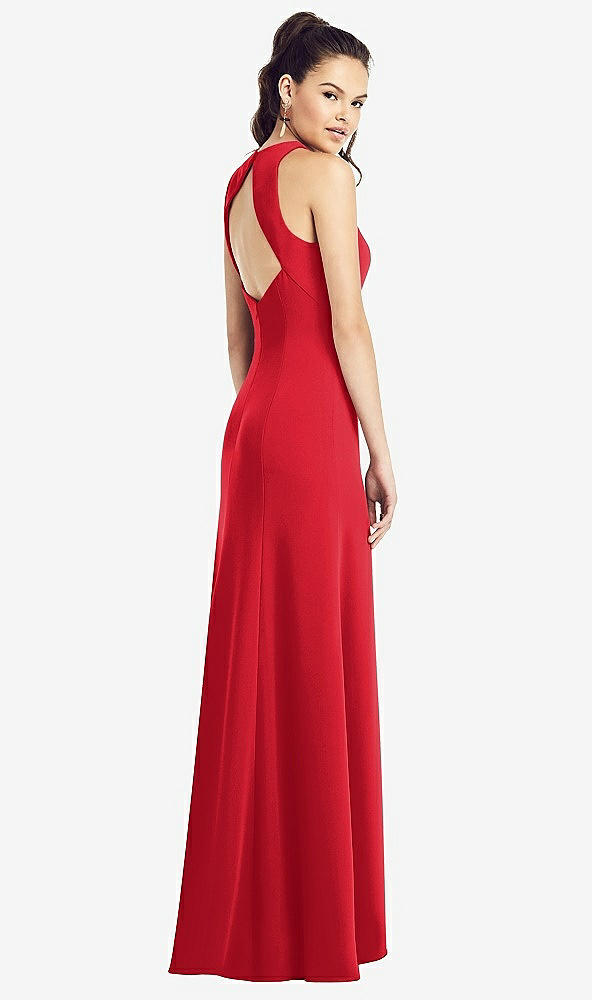 Back View - Parisian Red Open-Back Jewel Neck Trumpet Gown with Front Slit