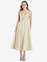 Front View Thumbnail - Champagne Spaghetti Strap Full Skirt Satin Midi Dress