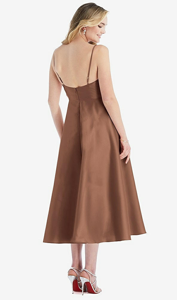 Back View - Cognac Spaghetti Strap Full Skirt Satin Midi Dress