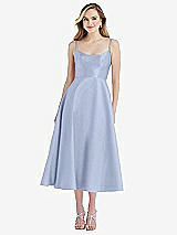 Front View Thumbnail - Sky Blue Spaghetti Strap Full Skirt Satin Midi Dress