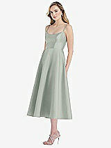 Side View Thumbnail - Willow Green Spaghetti Strap Full Skirt Satin Midi Dress