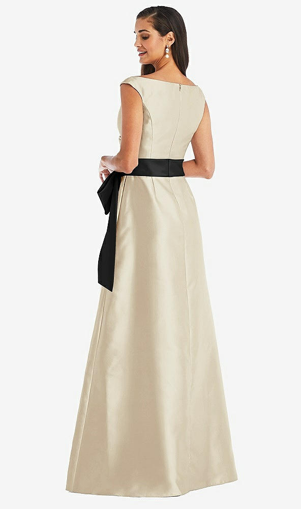 Back View - Champagne & Black Off-the-Shoulder Bow-Waist Maxi Dress with Pockets