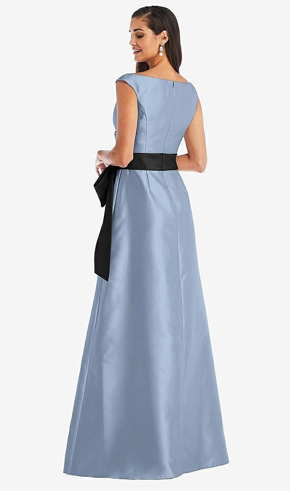 Back View - Cloudy & Black Off-the-Shoulder Bow-Waist Maxi Dress with Pockets