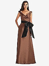 Front View Thumbnail - Cognac & Black Off-the-Shoulder Bow-Waist Maxi Dress with Pockets