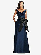 Front View Thumbnail - Midnight Navy & Black Off-the-Shoulder Bow-Waist Maxi Dress with Pockets