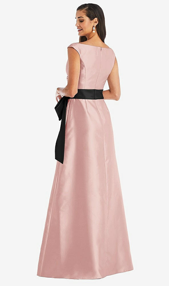 Back View - Rose & Black Off-the-Shoulder Bow-Waist Maxi Dress with Pockets