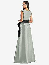 Rear View Thumbnail - Willow Green & Black Off-the-Shoulder Bow-Waist Maxi Dress with Pockets