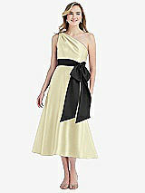 Front View Thumbnail - Butter Yellow & Black One-Shoulder Bow-Waist Midi Dress with Pockets