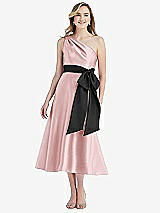 Front View Thumbnail - Ballet Pink & Black One-Shoulder Bow-Waist Midi Dress with Pockets