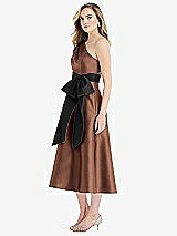 Side View Thumbnail - Cognac & Black One-Shoulder Bow-Waist Midi Dress with Pockets