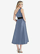 Rear View Thumbnail - Larkspur Blue & Black One-Shoulder Bow-Waist Midi Dress with Pockets
